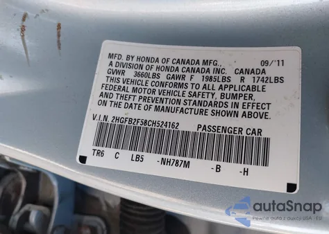 2012 Honda Civic Lx из США, поврежденный, VIN 2HGFB2F58CH524162